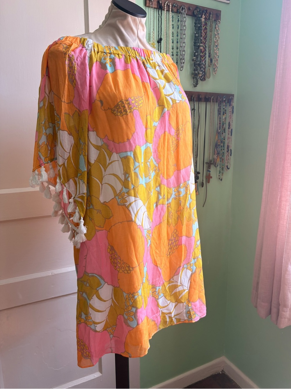 Trina Turk Colorful Floral Mini Dress Tunic with Tassel Trim